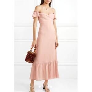 Reformation Blush Pink Butterfly off Shoulder Georgette Dress 12 Pleated Maxi